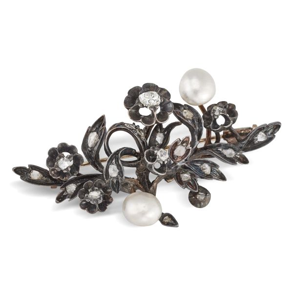 PEARL AND DIAMOND FLOWERING BRANCH BROOCH IN SILVER