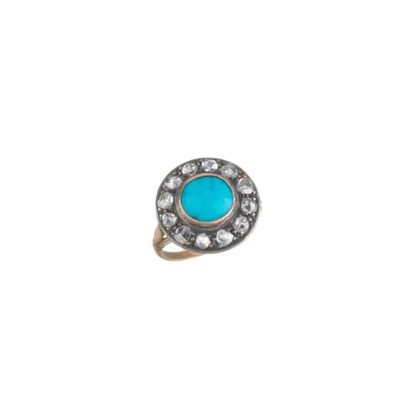 SMALL TURQUOISE AND DIAMOND RING IN SILVER AND GOLD