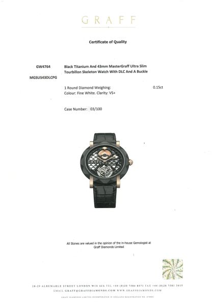 GRAFF MASTER SKELETON TOURBILLON BLACK TITANIUM EDIZIONE LIMITATA N. 00X/100 ANNO CIRCA 2016