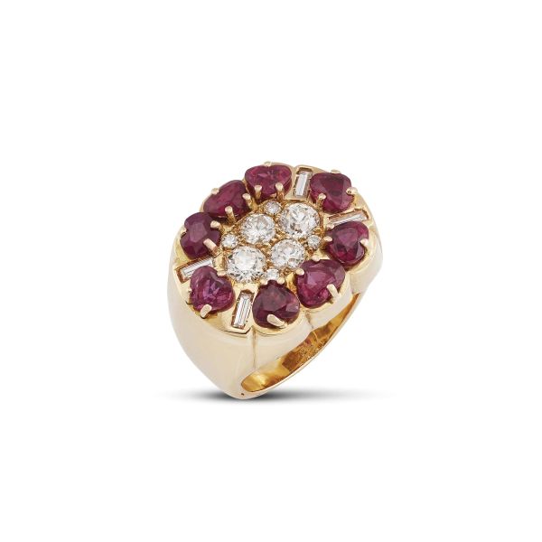 MORONI RUBY AND DIAMOND FLORAL RING N 18KT YELLOW GOLD