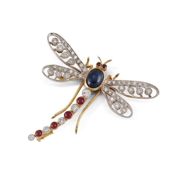 DRAGONFLY-SHAPED MULTI GEM BROOCH IN 18KT TWO TONE GOLD