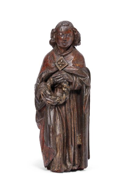 German School, 16th century, A monk, carved and painted wood, h. 44 cm