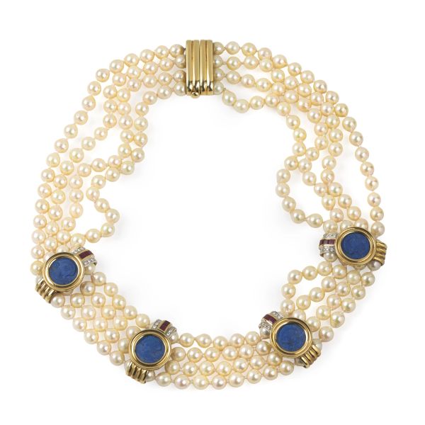 COLLANA CON PERLE, DIAMANTI ED ELEMENTI INCISI