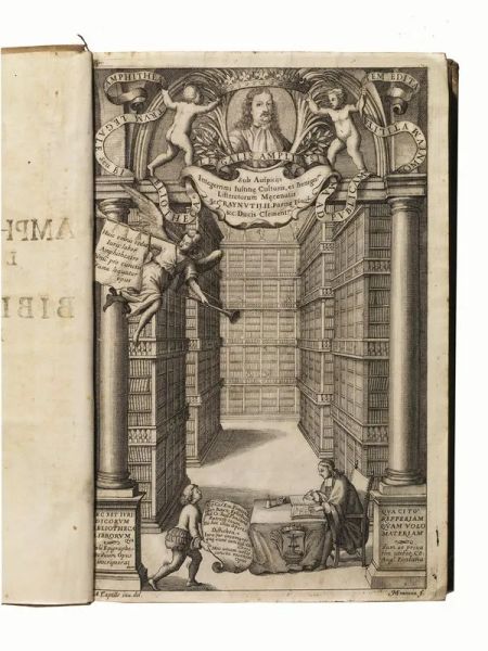 (Diritto - Bibliografia) FONTANA, Agostino (ca. 1640 - ?). Amphitheatrum legale in quo quilibet operum legalium author habet suam sedem ordine alphabetico collocatam seu Bibliotheca legalis amplissima [&#8230;] Quinque partibus diuisa [&#8230;] authore Augustino Fontana [&#8230;]. Parmae, typis Iosephi ab Oleo, &amp; Hippolyti Rosati, 1688.