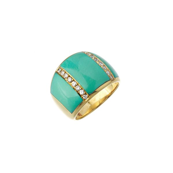 



TURQUOISE PASTE AND DIAMOND WIDE BAND RING IN 18KT YELLOW GOLD