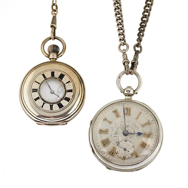 



TWO SILVER POCKET WATCHES WITH CHAINS