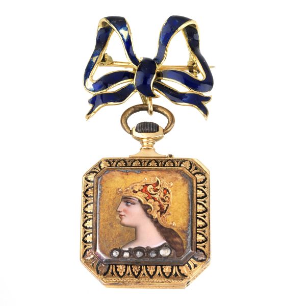 RIBBON BROOCH WITH A WATCH IN 18KT YELLOW GOLD AND ENAMELS