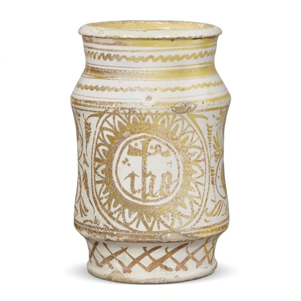 A PHARMACY JAR (ALBARELLO), DERUTA, SECOND HALF 15TH CENTURY