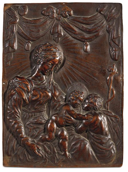 Central Italian, 18th century, Madonna with Child and St. John, embossed copper