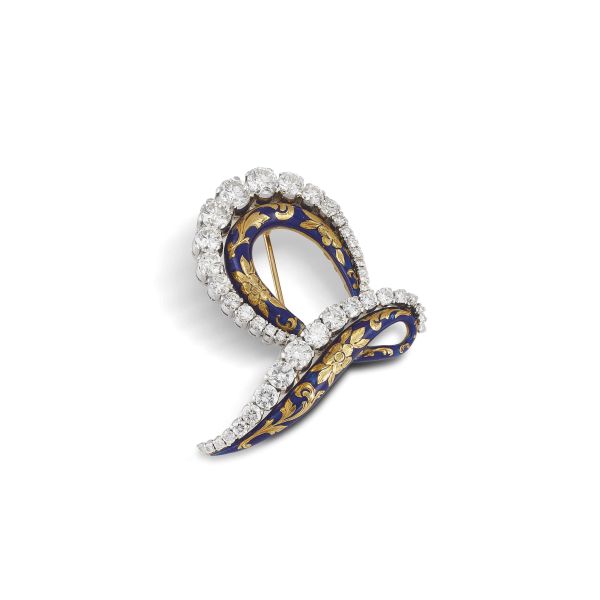 DIAMOND ENAMELED RIBBON BROOCH IN PLATINUM AND 18KT YELLOW GOLD