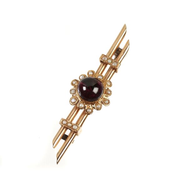 



SEMIPRECIOUS STONE AND PEARL BARRETTE BROOCH IN 14KT GOLD