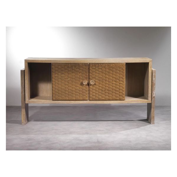 WOODEN, ROPE AND GLASS SIDEBOARD