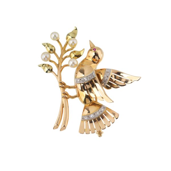 PEARL AND DIAMOND ANIMALIER BROOCH IN 18KT TWO TONE GOLD