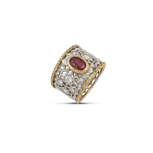 RUBY AND DIAMOND WIDE BAND RING IN 18KT TWO TONE GOLD