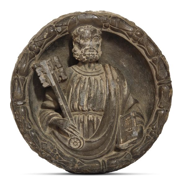 Lombardy, late 15th century, Saint Peter, circular stone relief, diameter 38 cm; height 11,5 cm