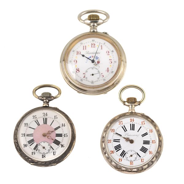 



THREE SILVER AND METAL POCKET WATCHES