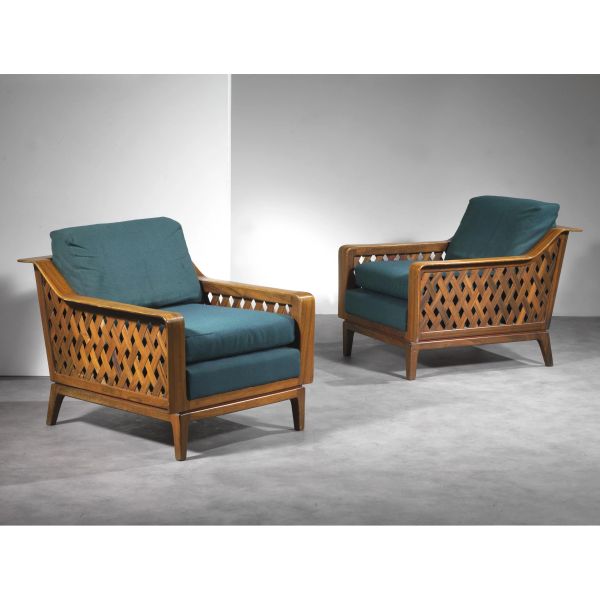 A PAIR OF ARMCHAIRS, BRAIDED WOOD STRUCTURE, GREEN FABRIC UPHOLSTERED CUSHIONS