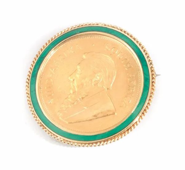 Spilla pendente in oro giallo, smalto e moneta krugerrand 22 kt