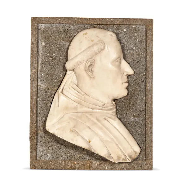 Lombard school, 16th century, profile of a monk, white marble 