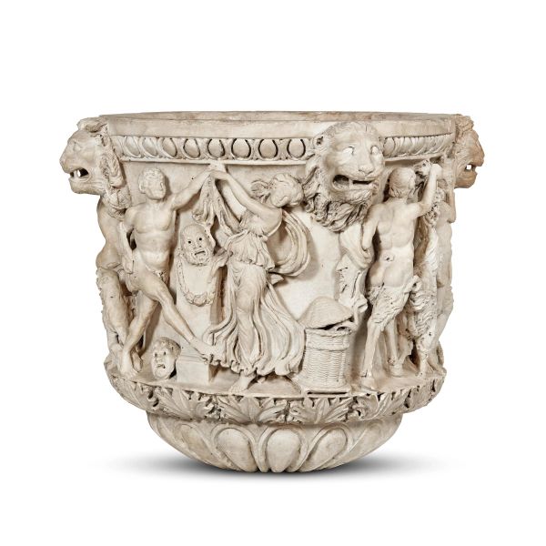 



Roman sculptor of 16th century, a figurative crater, white marble