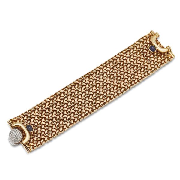 Marchisio - MARCHISIO WIDE BAND SAPPHIRE AND DIAMOND BRACELET IN 18KT YELLOW GOLD