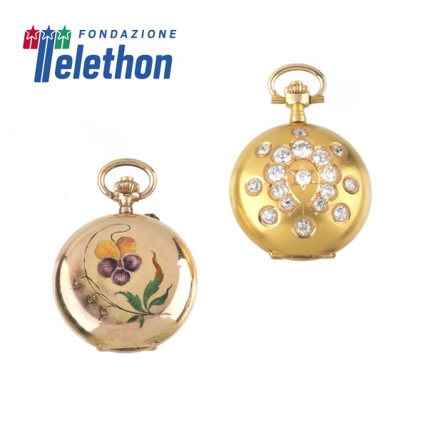 TWO SMALL LOW TITLE-GOLD POCKET WATCHES WITH DIAMONDS AND ENAMELS