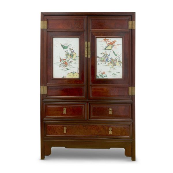 



A HARDWOOD CABINET WITH PORCELAIN PLAQUES, CHINA, LATE QING &ndash; REPUBLIC PERIOD 