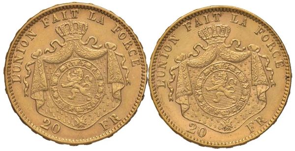 BELGIO. DUE MONETE D&rsquo;ORO DA 20 FRANCHI
