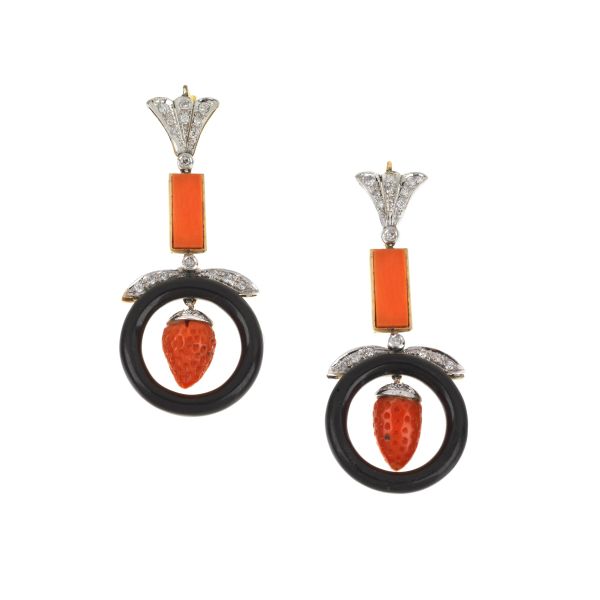 CORAL ONYX AND DIAMOND DROP EARRINGS IN 18KT TWO TONE GOLD