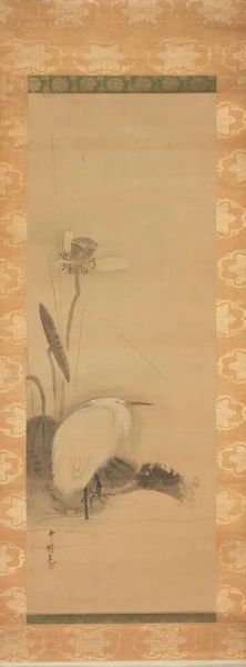 Dipinto, Cina sec. XIX, su seta, raffigurante airone con fiore di loto, cm 93x33.8