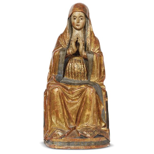 Venetian sculptor close to Giovanni Zebellana, enthroned Madonna, 1500, in carved, painted and gilded wood, 94x42x31 cm