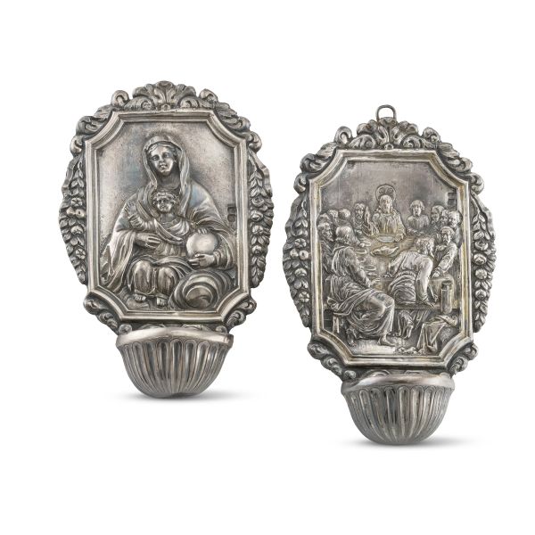 TWO SILVER HOLY WATER STOUPS, NAPLES, 19TH CENTURY
