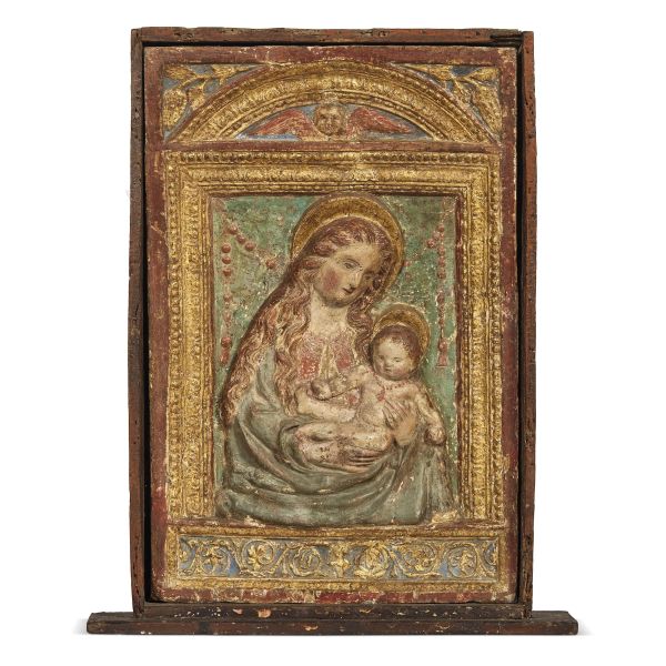 Northern Italy (Lombardy?), late 15th century, Madonna with child, polychromed and gilt putty, 66x53x8,5 cm