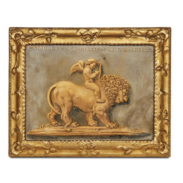 Cristiano Lamberto Gori (Livorno 1730-Firenze 1801), Florentine, circa 1780, Cupid playing the lyre while riding a lion, plate on scagliola, within carved and gilt wooden frame, cm 31X22 (without frame)