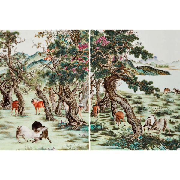 DUE PLACCHE IN PORCELLANA FAMIGLIA ROSA, CINA, PERIODO REPUBBLICA, INIZIO SEC. XX