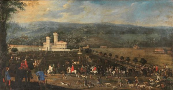 &#955; Scuola fiorentina, XVII secolo LA CACCIA DEL CARDINALE GIOVAN CARLO DE’ MEDICI A CAFAGGIOLO, 1641-1644  olio su tela, cm 164,5x313,5 sull'etichetta applicata alla cornice si legge: 