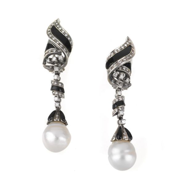 PEARL ONYX AND DIAMOND DROP EARRINGS IN 18KT WHITE GOLD