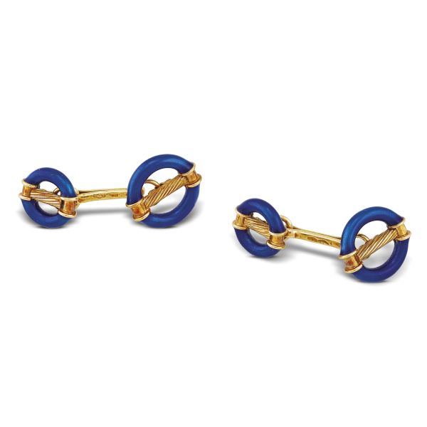 DISC-SHAPED CUFFLINKS IN 18KT YELLOW GOLD AND BLUE ENAMEL