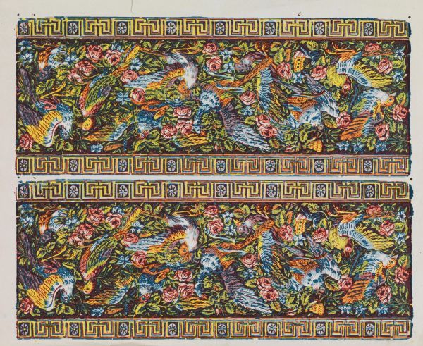      Stampa a colori raffigurante teoria di uccelli e fiori, cm 35x50 circa 