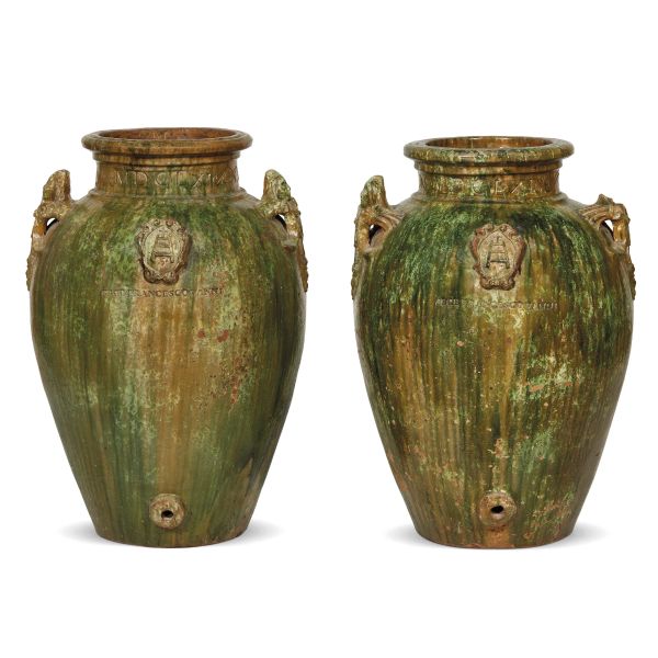 



A PAIR OF LARGE COAT-OF-ARMS SPOUTED JARS (ORCI), IMPRUNETA, FRANCESCO VANNI, 1661