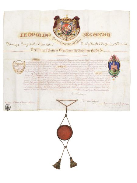 (Manoscritto &ndash; Diploma - Fiesole) LEOPOLDO II DI TOSCANA. Diploma di Nobilt&agrave; Fiesolana assegnato da Leopoldo II al segretario Tito Pollastri, datato 25 giugno 1850.