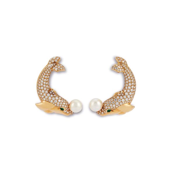 



CARTIER PAIO DI ORECCHINI A FORMA DI DELFINO CON PERLE E DIAMANTI