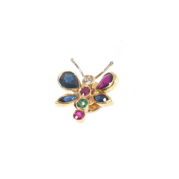 MULTI GEM BUTTERFLY PIN IN 18KT TWO TONE GOLD