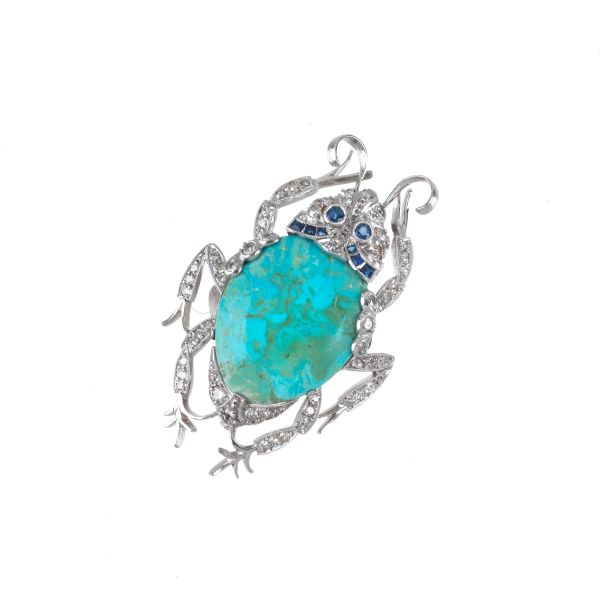 TURQUOISE DIAMOND AND SAPPHIRE BEETLE BROOCH IN 18KT WHITE GOLD