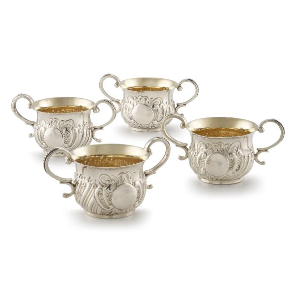 FOUR LITTLE STERLNG SILVER SALT CELLARS, LONDON 1887, MARKS OF CARLO STUART HARRIS AND FOUR STERLING SILVER SALT CELLAR, SHEFFIELD, 1888, MARK OF WALKER & HALL 