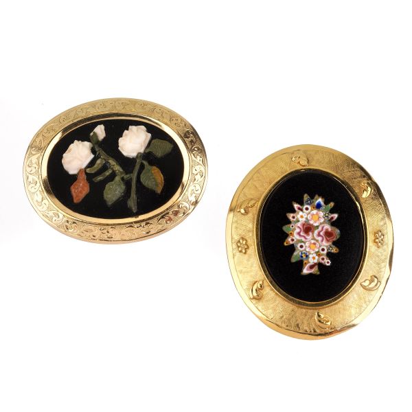 TWO BROOCHES IN 18KT AND 14KT GOLD WITH HARD STONES