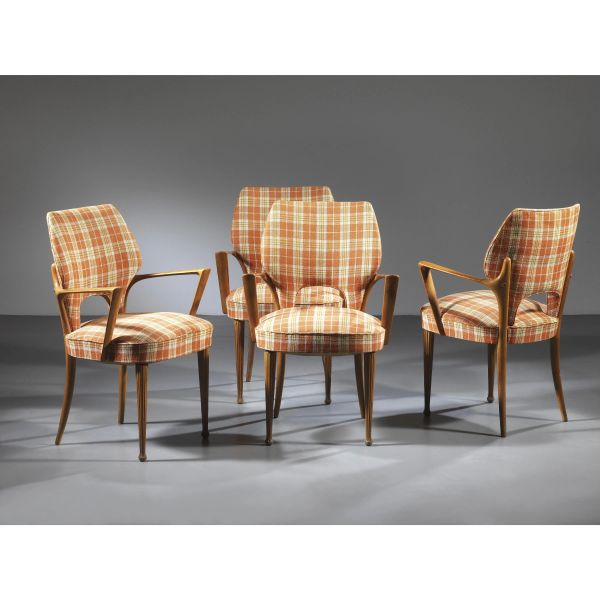 FOUR CHAIRS, WOODEN STRUCTURE, FABRIC UPHOLSTERED