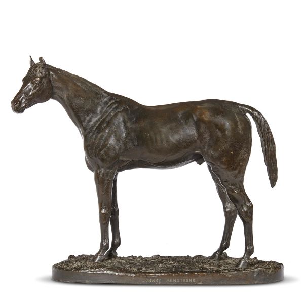 English, 1863, J. E. Boehm (Vienna, 1834- Londra 1890), A figure of a horse, patinated bronze, signed and dated J. E. BOEHM 1863 on the base, on the height of the base inscripted Johnny Armstrong, h. 40x40,5x12   cm