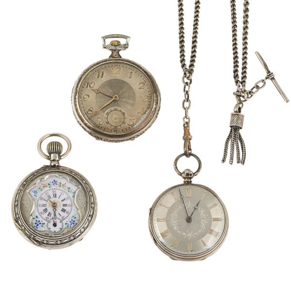 



THREE SILVER AND METAL POCKET WATCHES