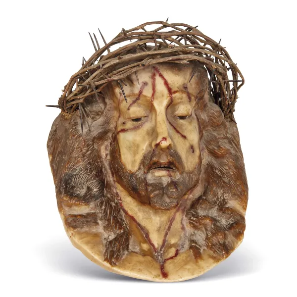 Tuscan school, 18th century, head of Jesus Christ with thorns crown, policromed wax